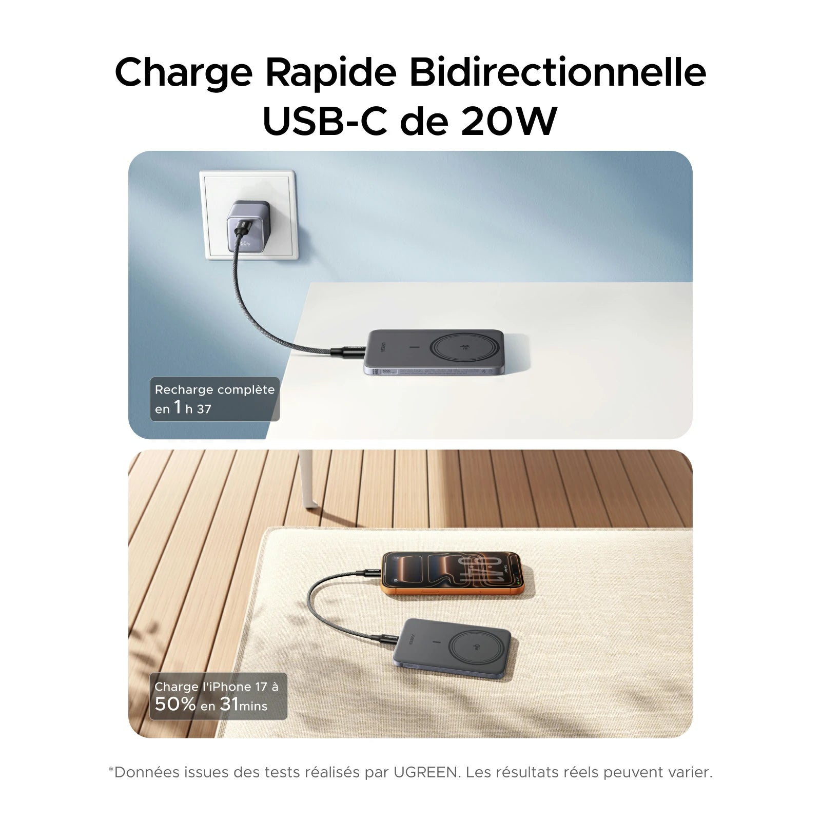 UGREEN MagFlow Air Pack de Batteries Externes Magnétiques (10 000 mAh + 5 000 mAh, Qi2 15 W)