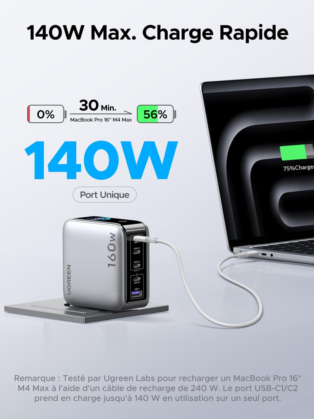 UGREEN Nexode Pro 160W Chargeur USB C Rapide 5 Ports avec Écran TFT GaN II | Compatible avec MacBook Pro Air Neo M5 M4 M3 M2 M1 iPad iPhone 17 Pro Max Air 16 15 14 13 12 Galaxy S26 S25 S24 Pixel 10 9 8