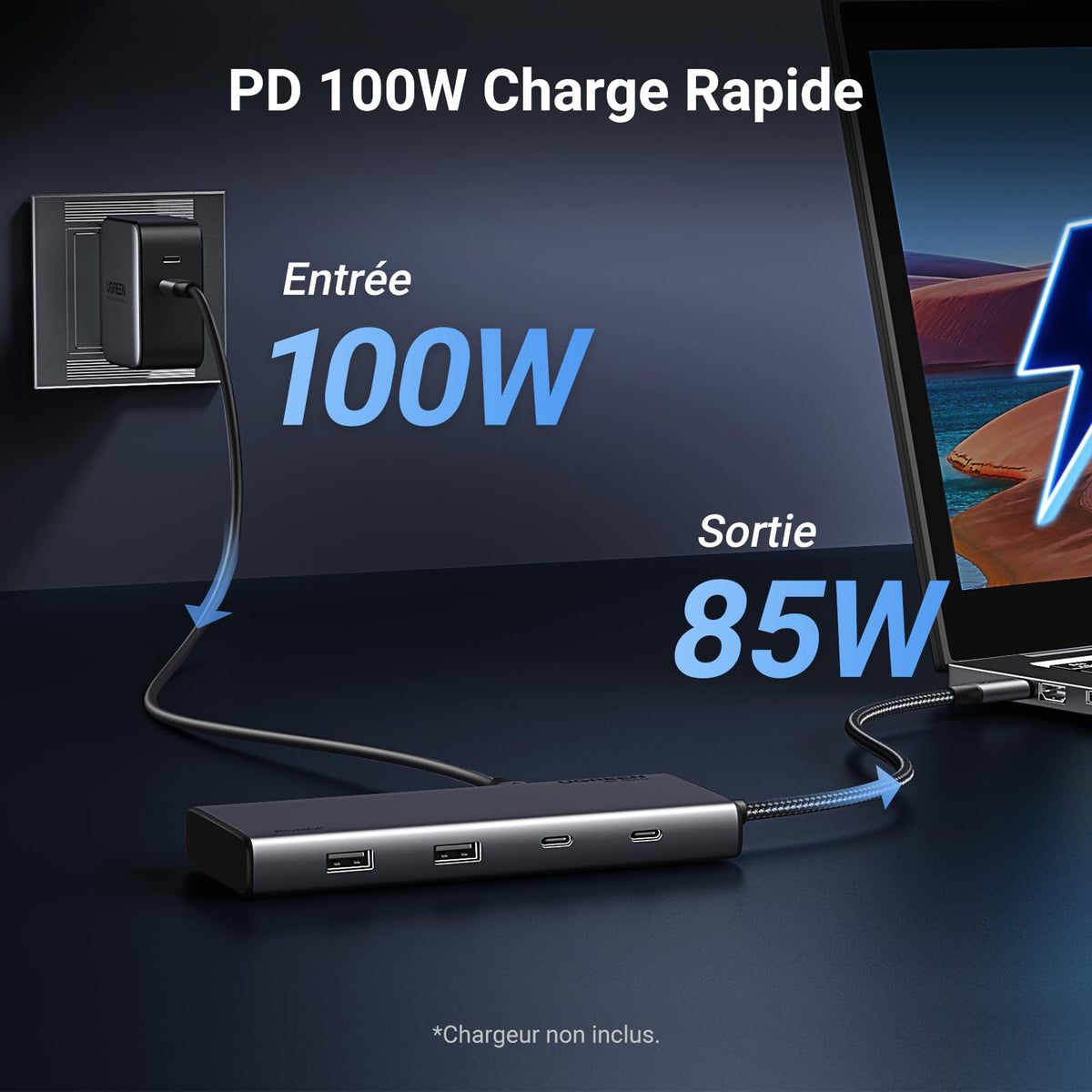 UGREEN Revodok 308 Hub USB C 8-en-1 (4K Triple Affichage, PD100W) -PD 100w charge rapide