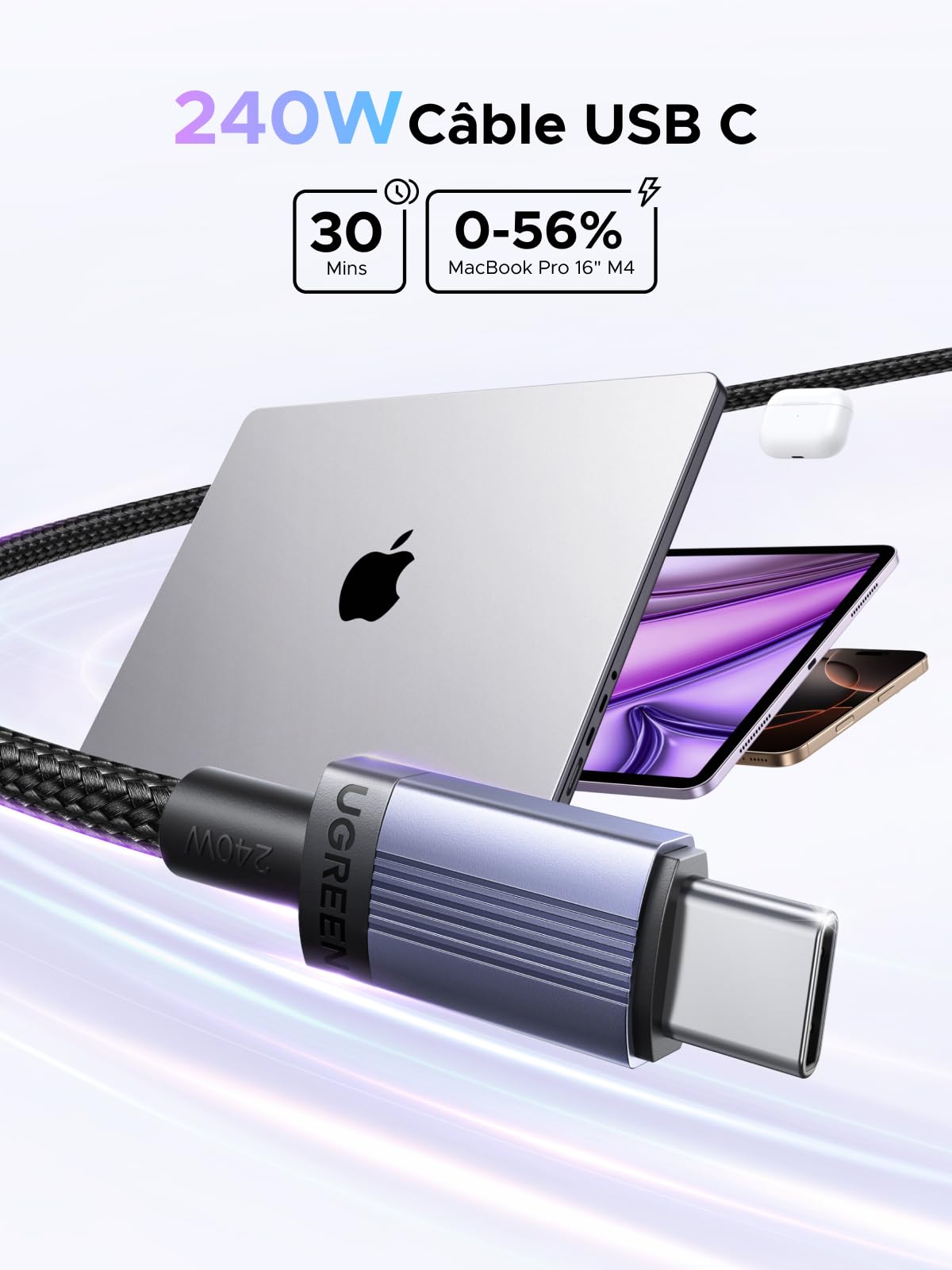 UGREEN Lot de 2 Câble USB C PD 3.1 5A 48V 240W Charge Rapide (3M)