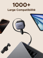 Le chargeur de voiture UGREEN Nexode 145W avec câble USB-C rétractable est un chargeur de voyage (travel charger) hautement compatible, adapté à plus de 1000 appareils, idéal pour les trajets.
