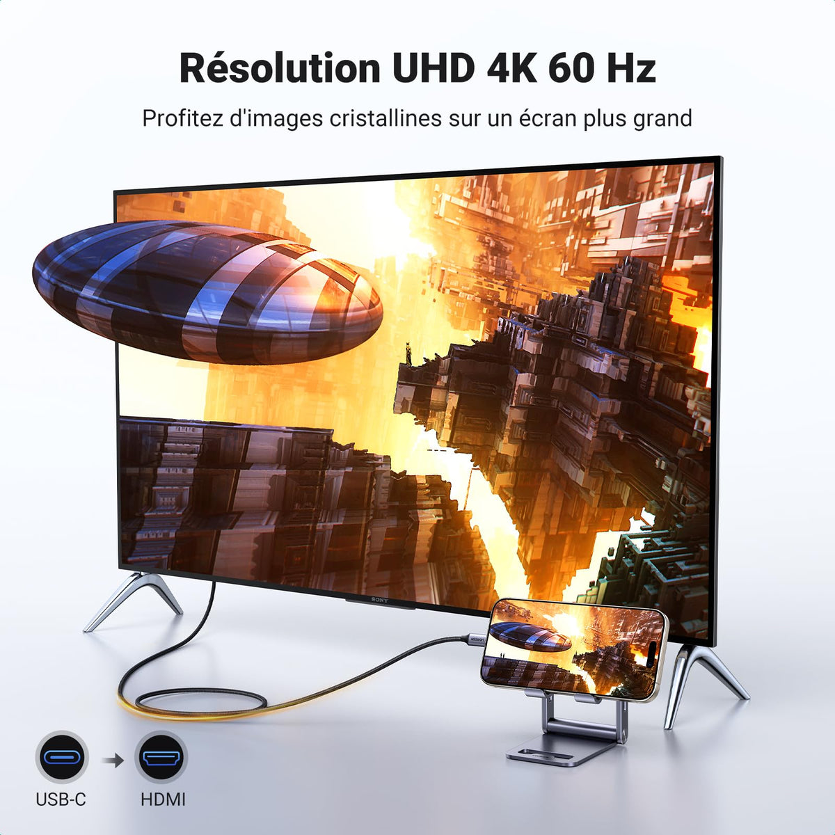 UGREEN Câble USB C vers HDMI 4K 60Hz 18Gbps Thunderbolt 4 3 HDMI2.0 3M
