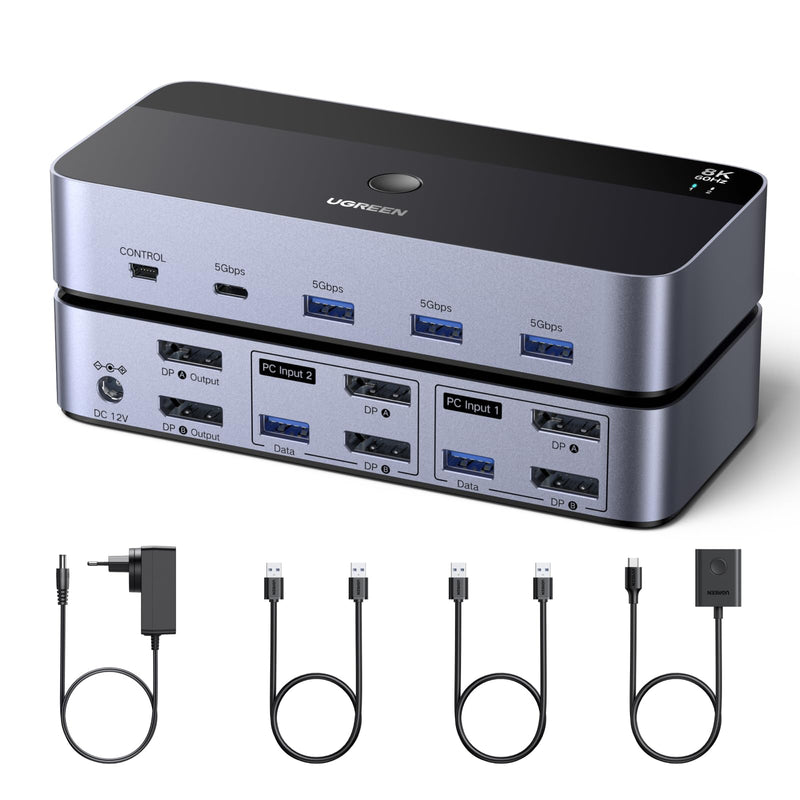 UGREEN Switch KVM DisplayPort 2 Entrées 2 Sorties 8K 60Hz 4K 240Hz Double Affichage Commutateur KVM avec 4 Ports USB 3A1C 5Gbps pour Clavier Souris Disque Dur Contrôleur de Bureau Câbles USB Inclus