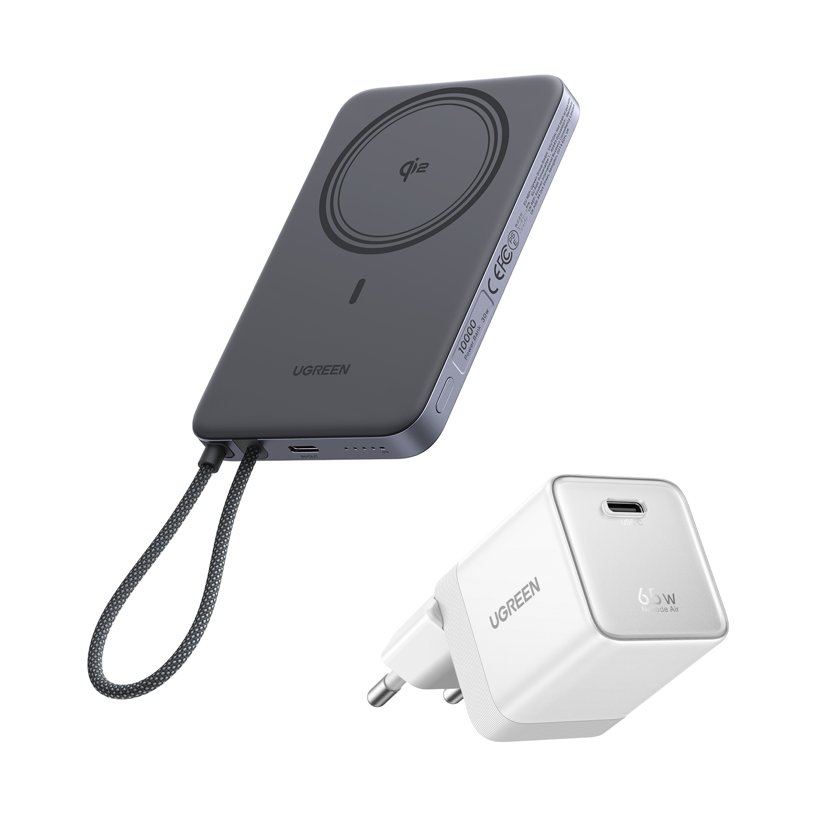 UGREEN MagFlow Air Batterie Externe & Chargeur Nexode Air en Pack (5 000 mAh / 10 000 mAh, Qi2 15 W, GaN 65 W)