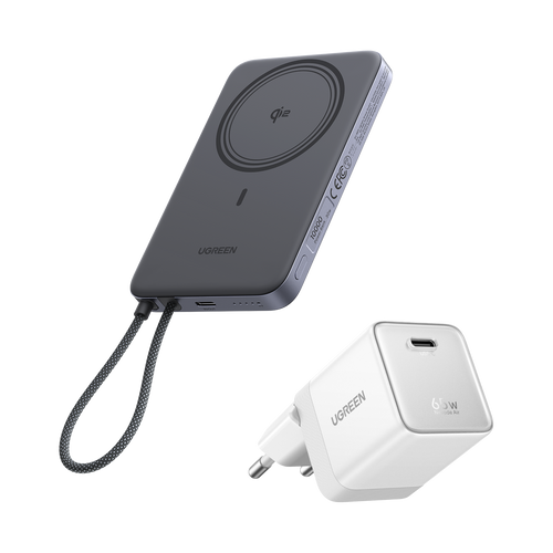 UGREEN MagFlow Air Batterie Externe & Chargeur Nexode Air en Pack (5 000 mAh / 10 000 mAh, Qi2 15 W, GaN 65 W)