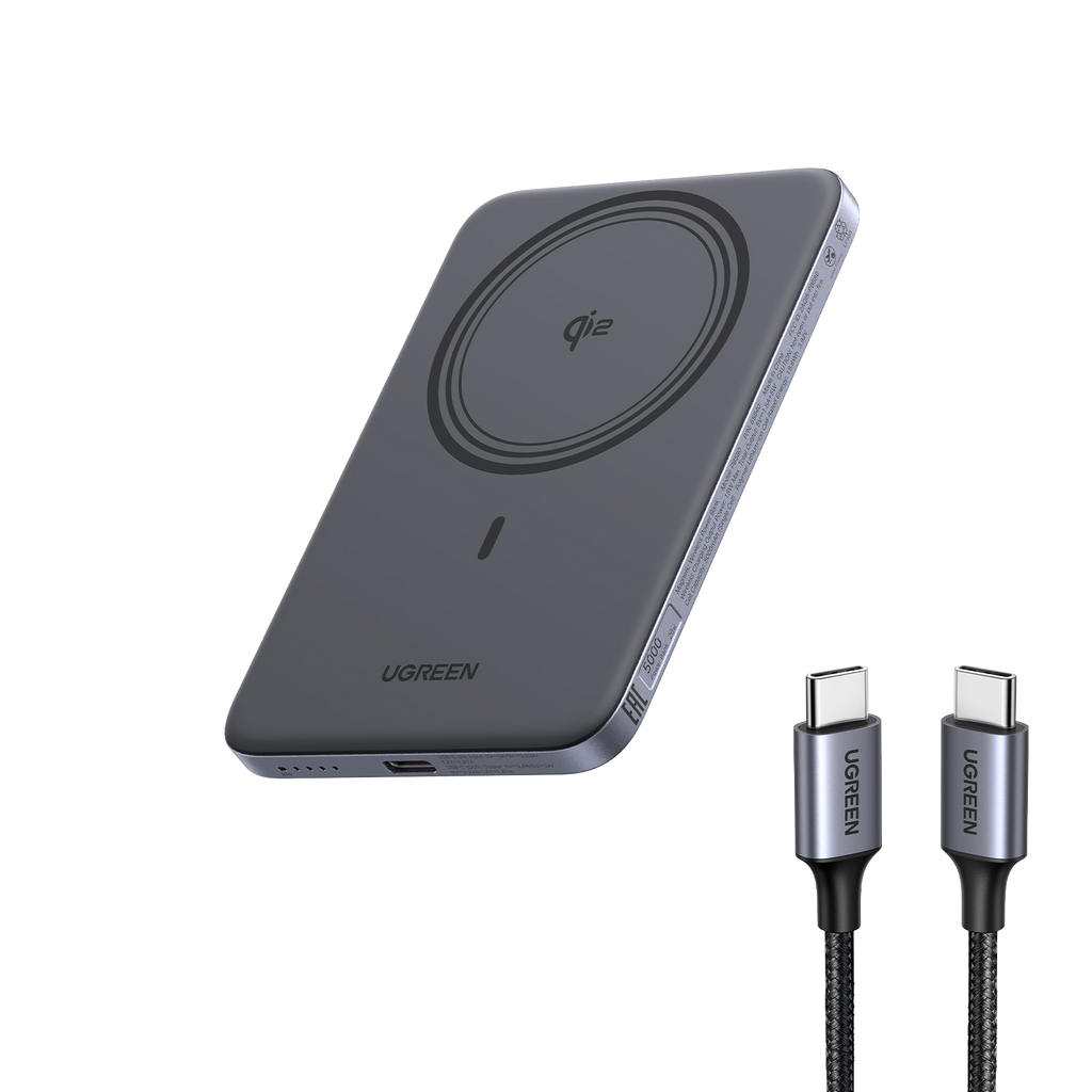 UGREEN MagFlow Air Batterie Externe Magnétique en Pack (5 000 mAh / 10 000 mAh, Qi2 15 W, Câble USB-C 100 W de 1 m Inclus)