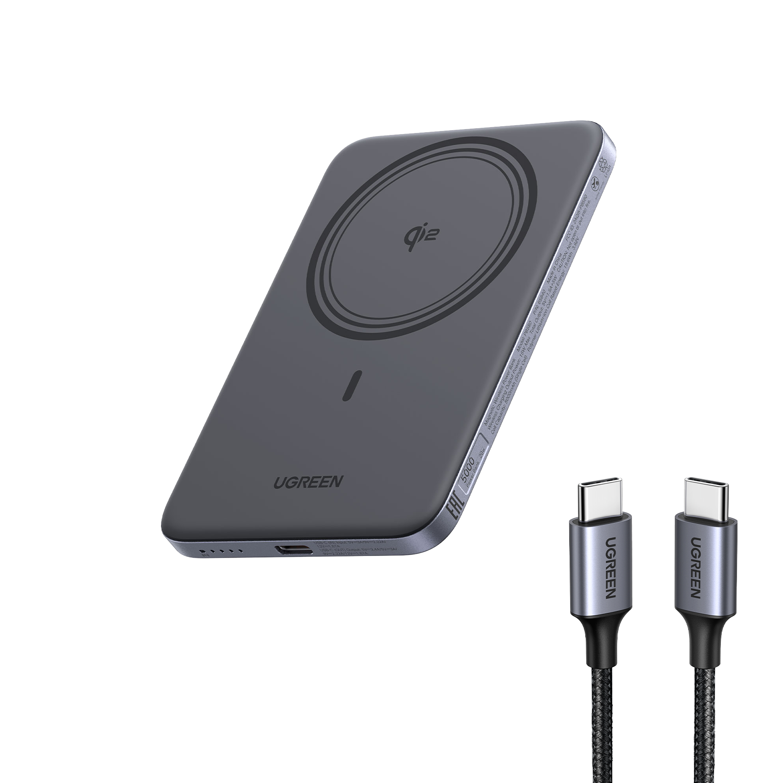 UGREEN MagFlow Air Batterie Externe Magnétique en Pack (5 000 mAh / 10 000 mAh, Qi2 15 W, Câble USB-C 100 W de 1 m Inclus)