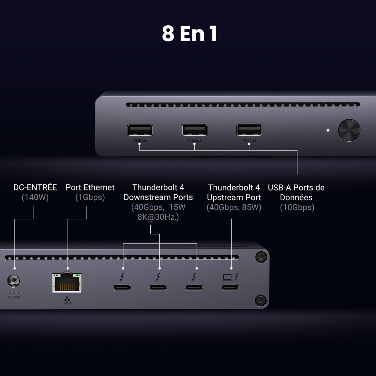 UGREEN Revodok Max 208 Dock Station Accueil 8 en 1 Triple Thunderbolt 4 15W 40Gbps Unique 8K30Hz Double Écran 4K60Hz Hub USB 3.2 10Gbps Dock USB C Ethernet RJ45 1000Mbps DC 140W Alimenté