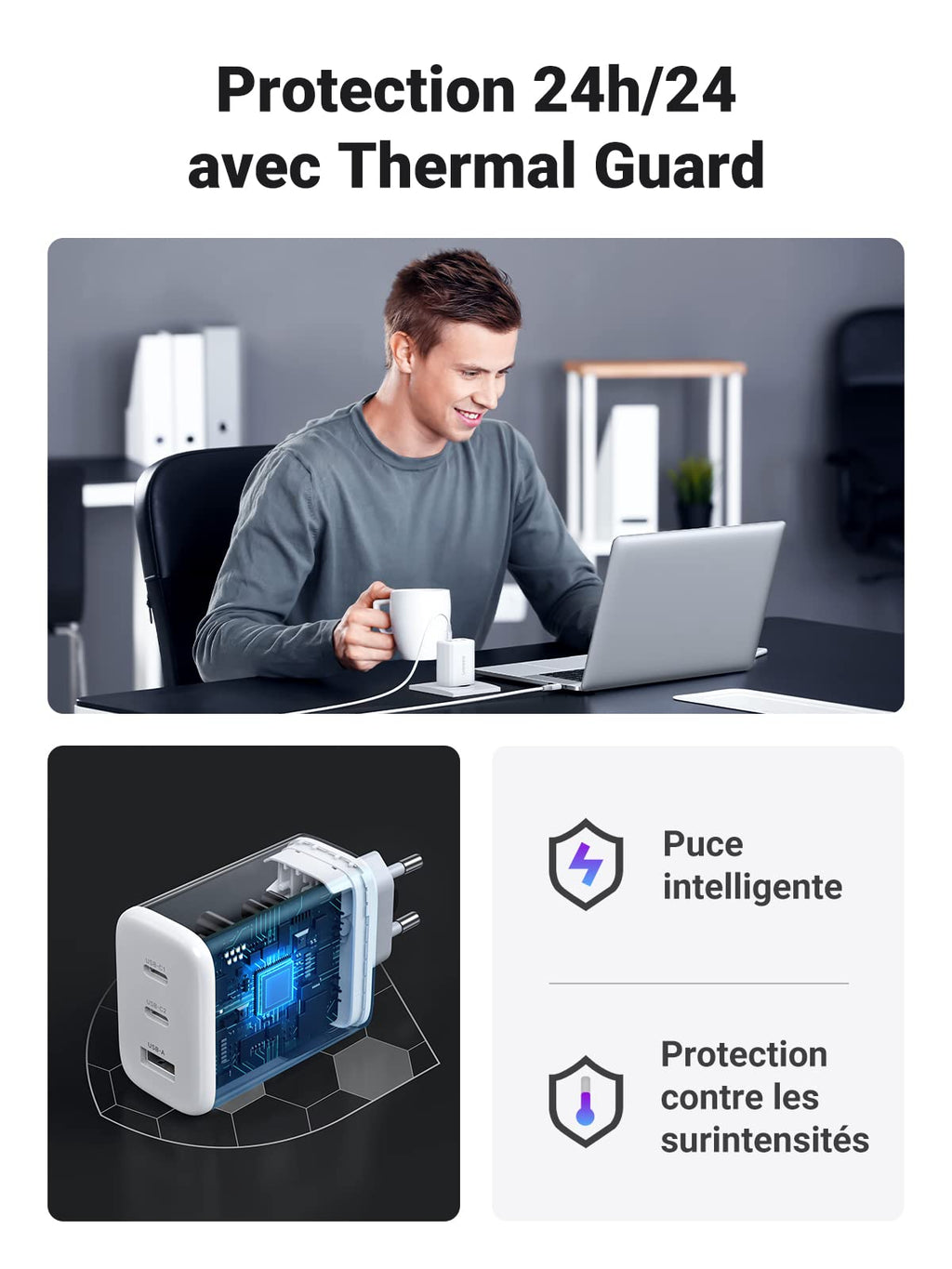 UGREEN 65W Chargeur USB C Rapide 3 Ports