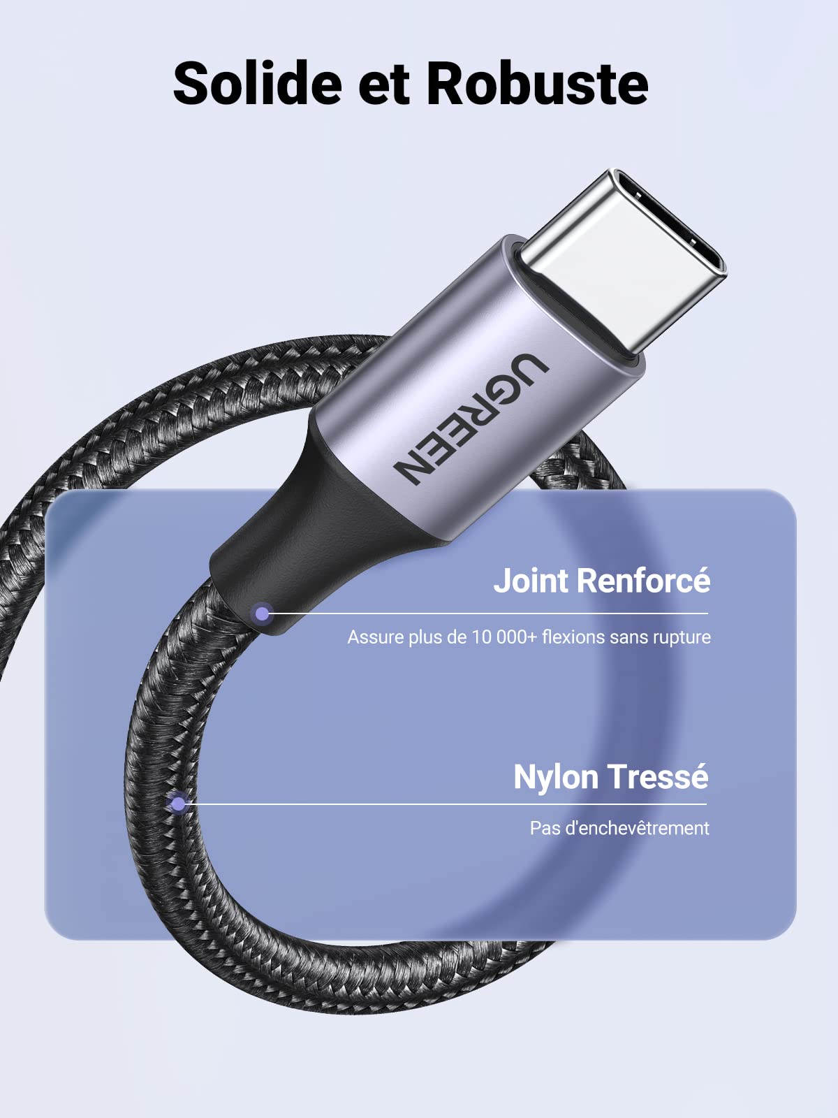 UGREEN Lot de 2 Câble USB C 3A Nylon Tressé Câble USB Type C Charge Rapide