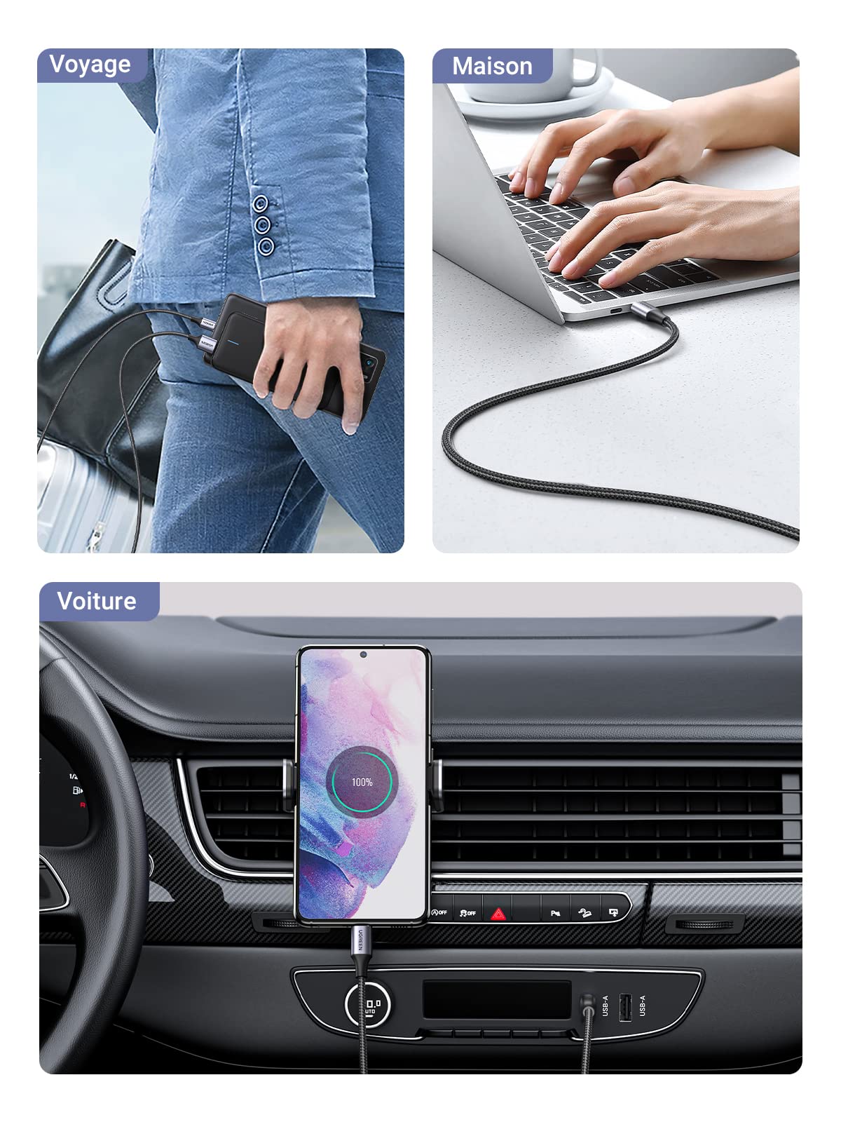 UGREEN Lot de 2 Câble USB C 3A Nylon Tressé Câble USB Type C Charge Rapide